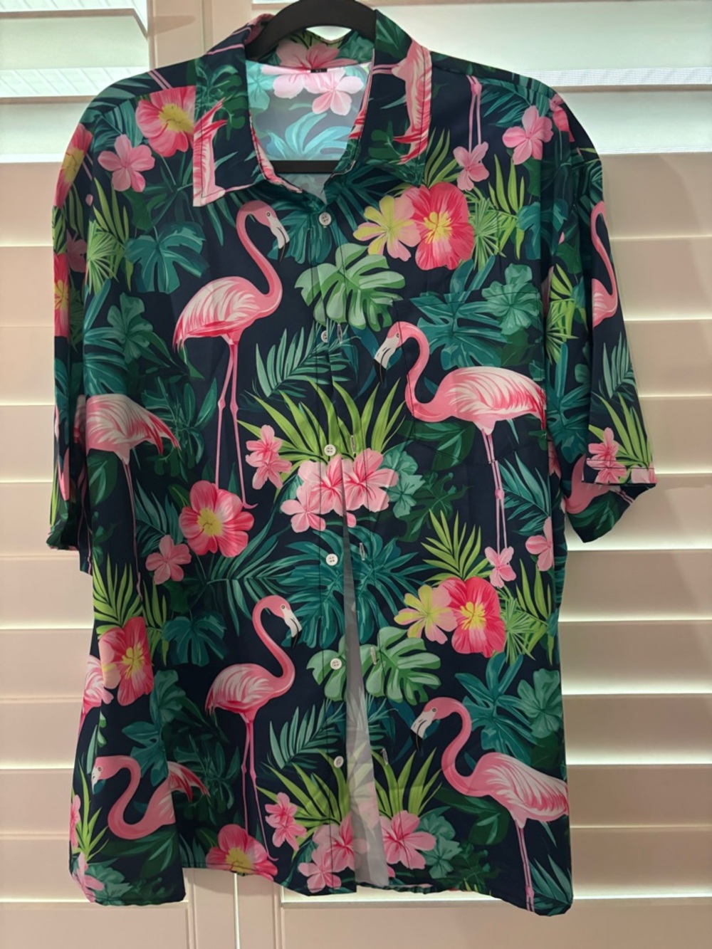 Men's Tropical Flamingo Print Short Sleeve Shirt - Pink on Dark Green